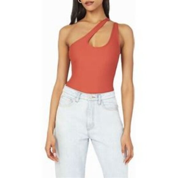 NEW NWT WEWOREWHAT Small asymmetrical bodysuit in clay (burnt orange/red clay) - Picture 1 of 7